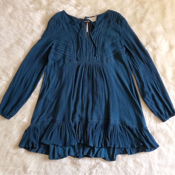 Free People sweet treat dress teal gauze button mini dress long sleeve Large - Picture 6 of 11